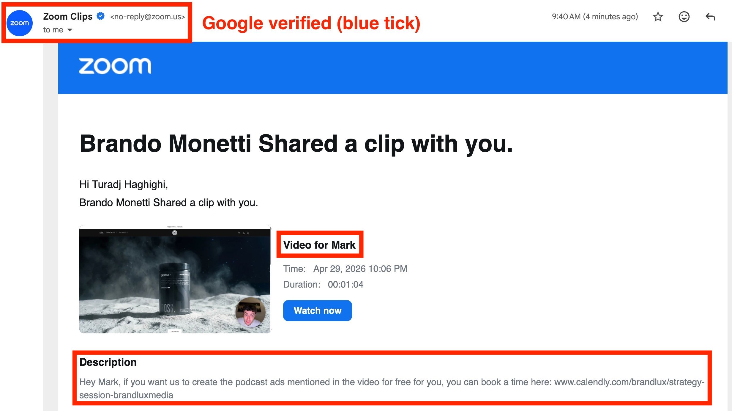 Inbox preview showing Zoom Clips email with prospect's name in the subject line
