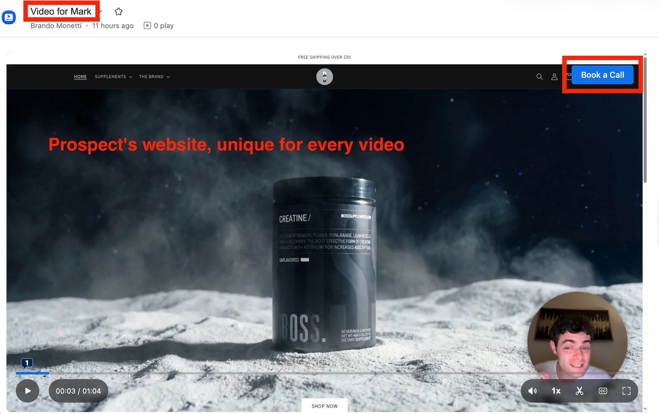 Zoom Clips video player showing prospect's website as the video background with a small face camera in the corner